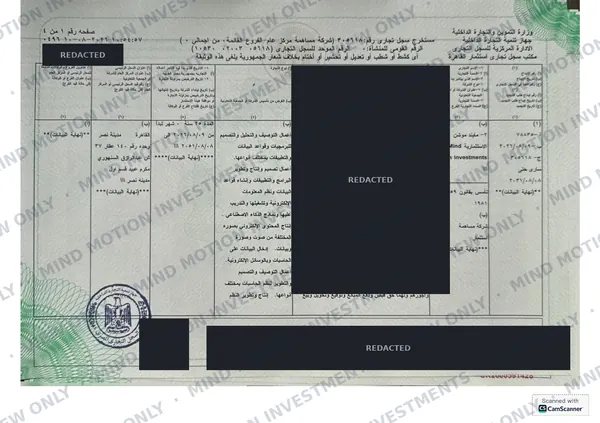 Commercial register extract, page 1, with personal details redacted