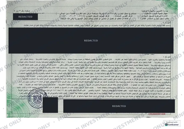 Commercial register extract, page 3: licensed activities, with board members' details redacted